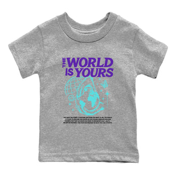 The World Is Yours baby and kids t-shirt crafted for little sneakerheads to shine with the Air Jordan 5 Grape sneakers, displayed in Heather Grey 2.