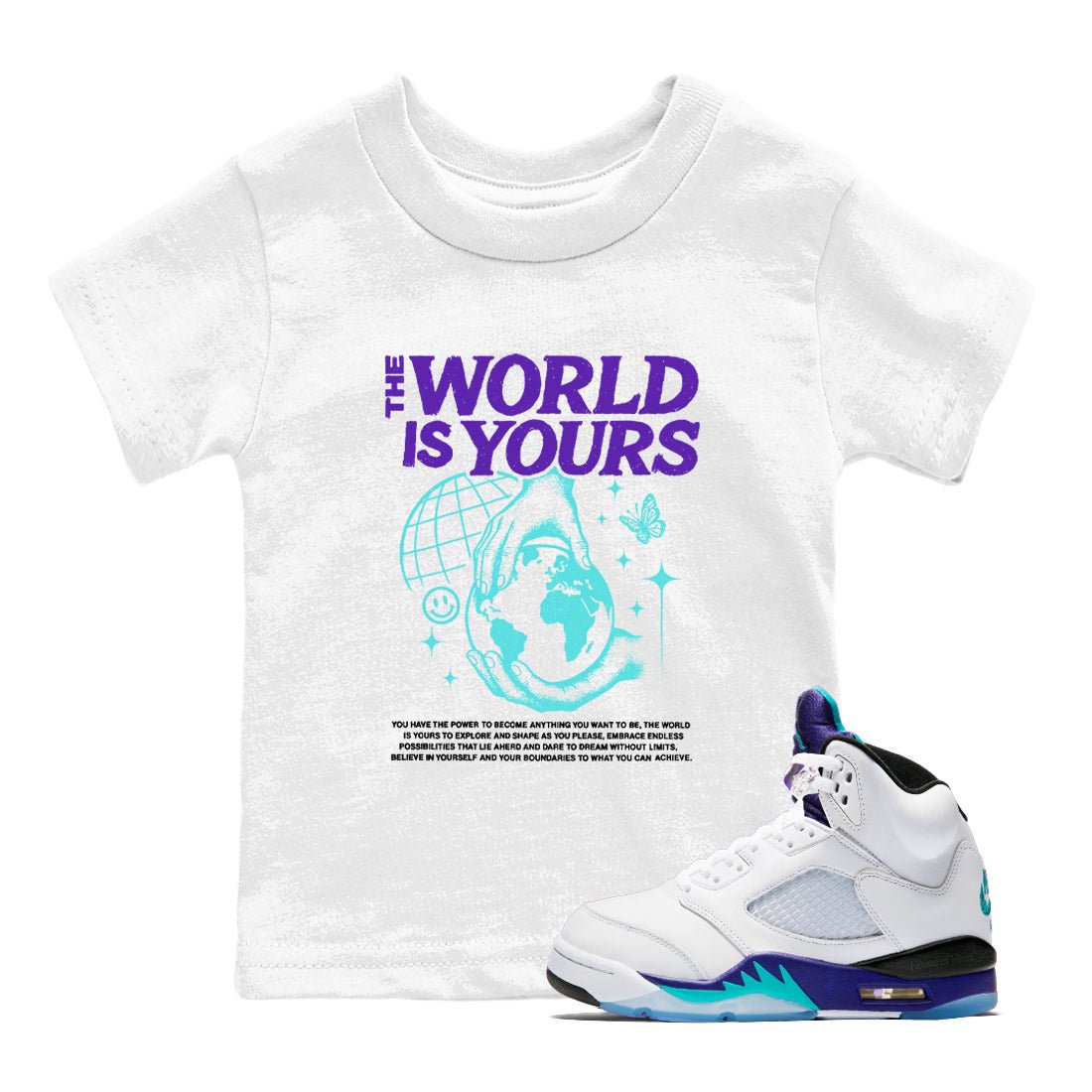 The World Is Yours baby and kids t-shirt crafted for little sneakerheads to shine with the Air Jordan 5 Grape sneakers, displayed in White 1.