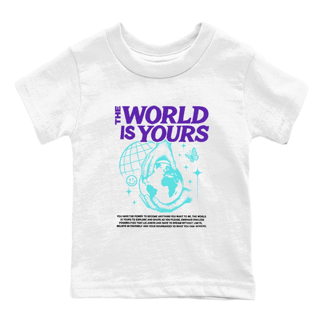 The World Is Yours baby and kids t-shirt crafted for little sneakerheads to shine with the Air Jordan 5 Grape sneakers, displayed in White 2.