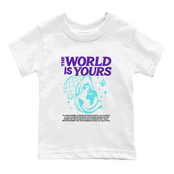 The World Is Yours baby and kids t-shirt crafted for little sneakerheads to shine with the Air Jordan 5 Grape sneakers, displayed in White 2.