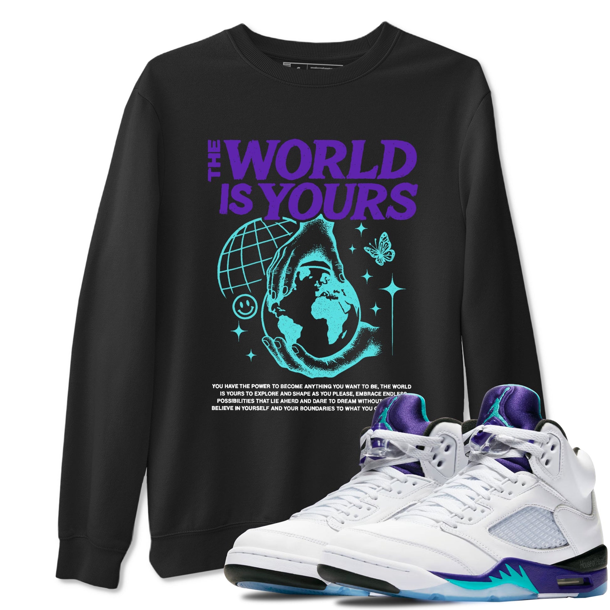 The World Is Yours sneaker match t-shirt styled to complete your fit with the Air Jordan 5 Grape sneakers, shown in Black 1.