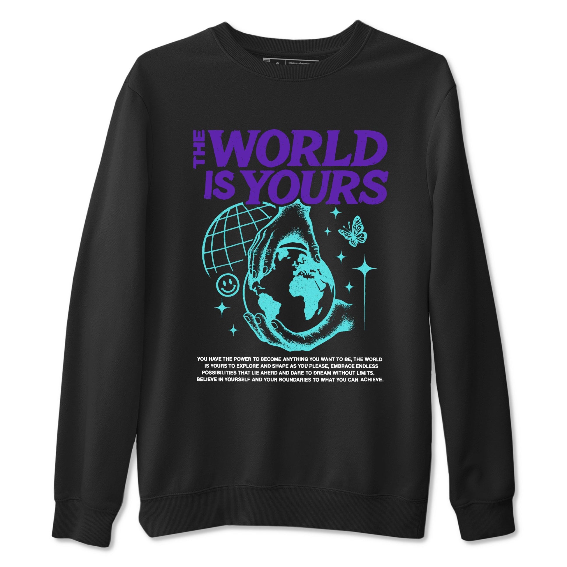 The World Is Yours sneaker match t-shirt styled to complete your fit with the Air Jordan 5 Grape sneakers, shown in Black 2.