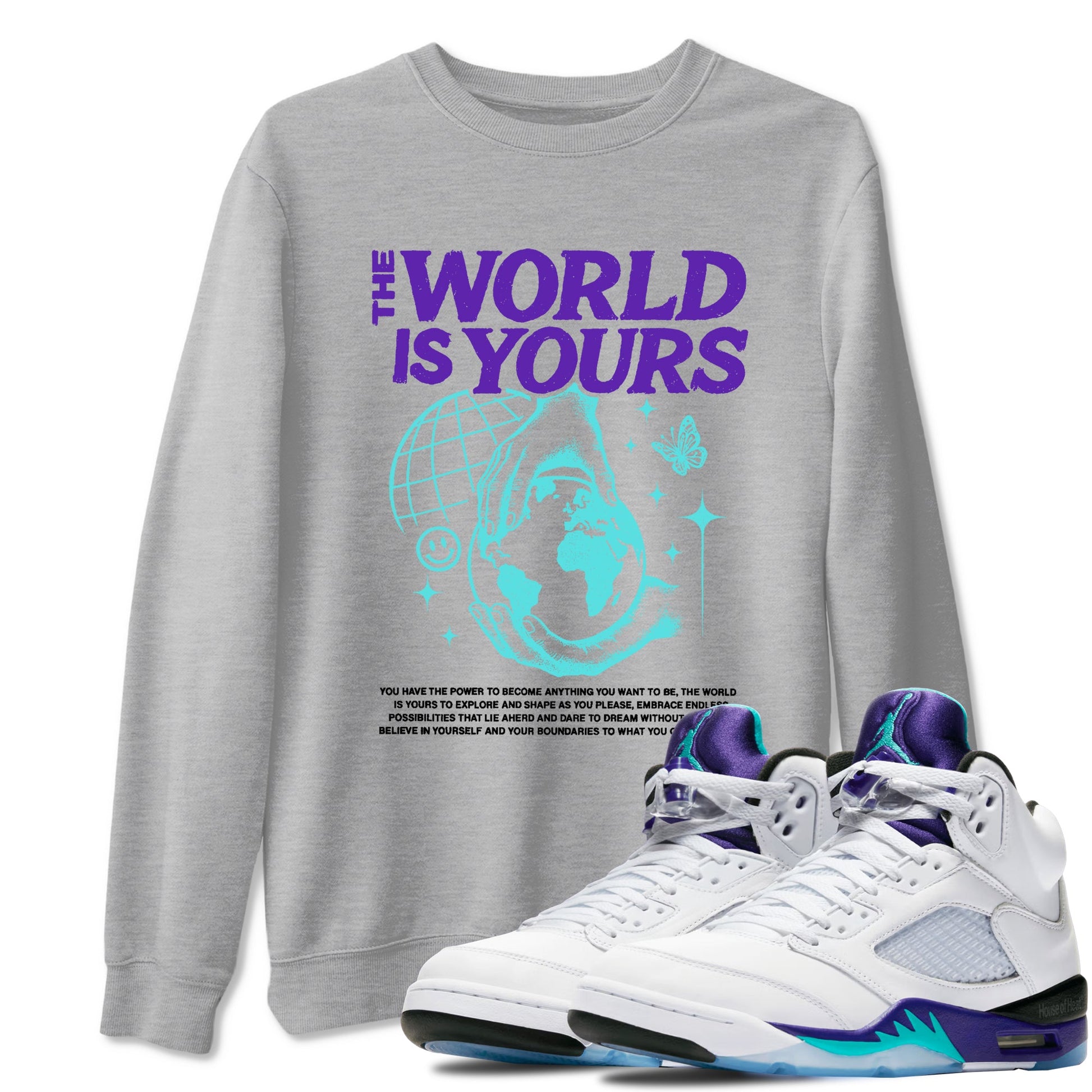 The World Is Yours sneaker match t-shirt styled to complete your fit with the Air Jordan 5 Grape sneakers, shown in Heather Grey 1.