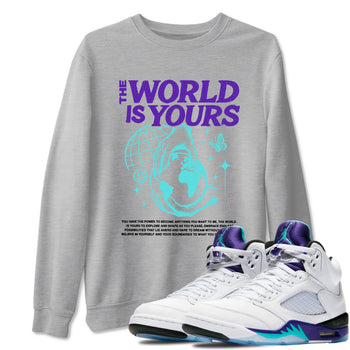 The World Is Yours sneaker match t-shirt styled to complete your fit with the Air Jordan 5 Grape sneakers, shown in Heather Grey 1.