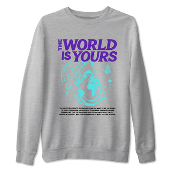 The World Is Yours sneaker match t-shirt styled to complete your fit with the Air Jordan 5 Grape sneakers, shown in Heather Grey 2.