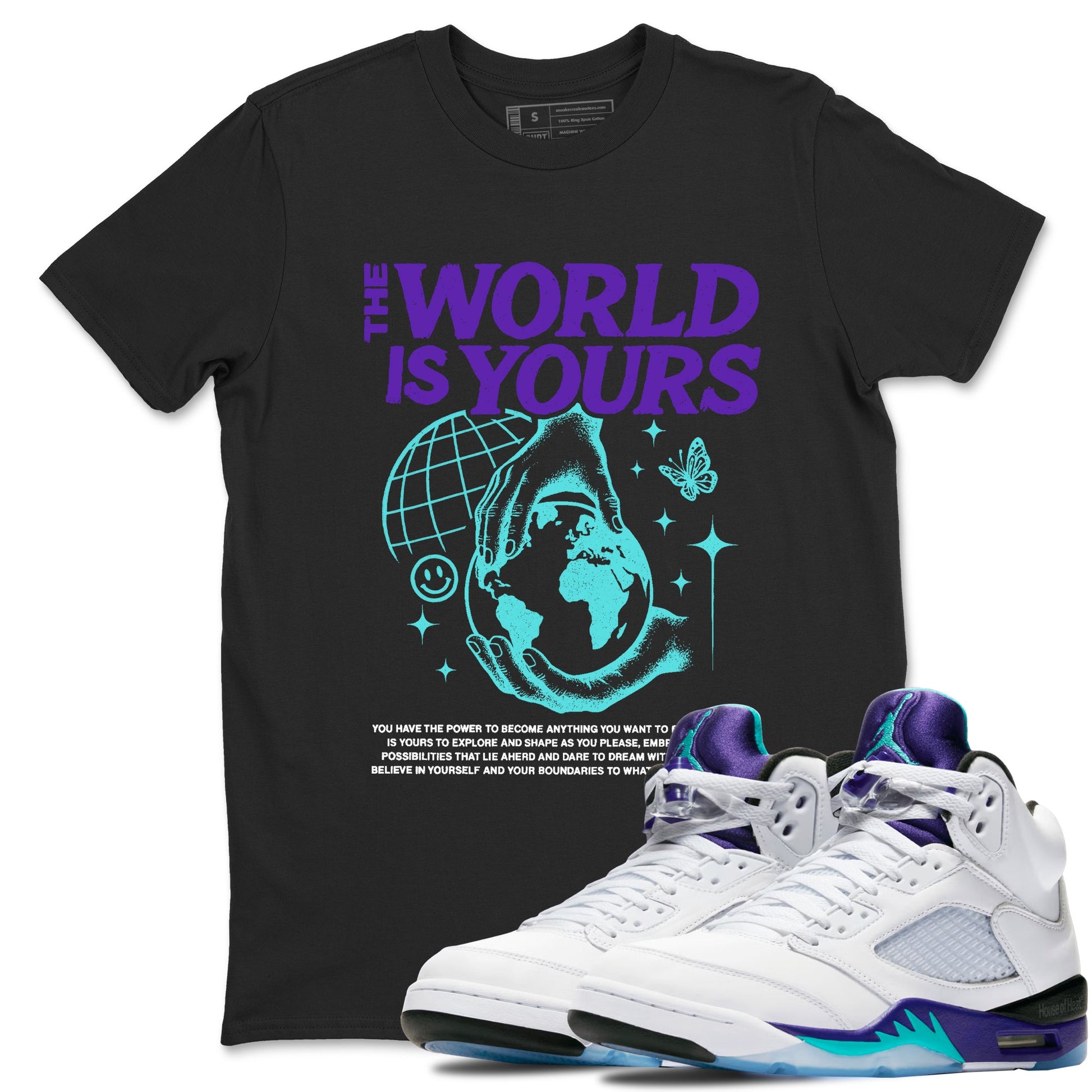 The World Is Yours sneaker match t-shirt styled to complete your fit with the Air Jordan 5 Grape sneakers, shown in Black 1.