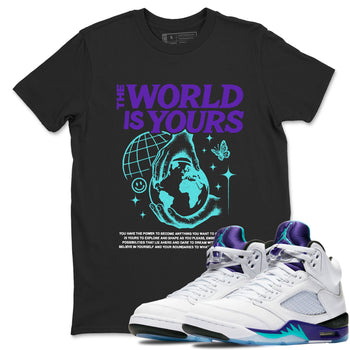 The World Is Yours sneaker match t-shirt styled to complete your fit with the Air Jordan 5 Grape sneakers, shown in Black 1.