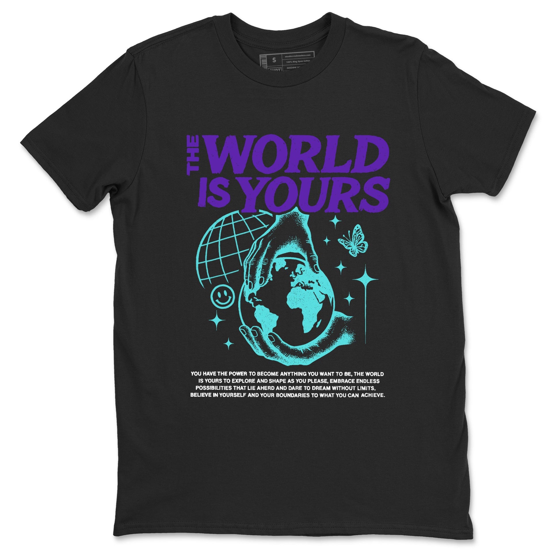 The World Is Yours sneaker match t-shirt styled to complete your fit with the Air Jordan 5 Grape sneakers, shown in Black 2.