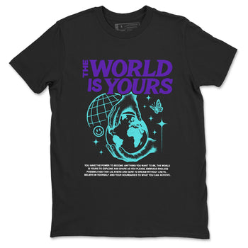 The World Is Yours sneaker match t-shirt styled to complete your fit with the Air Jordan 5 Grape sneakers, shown in Black 2.