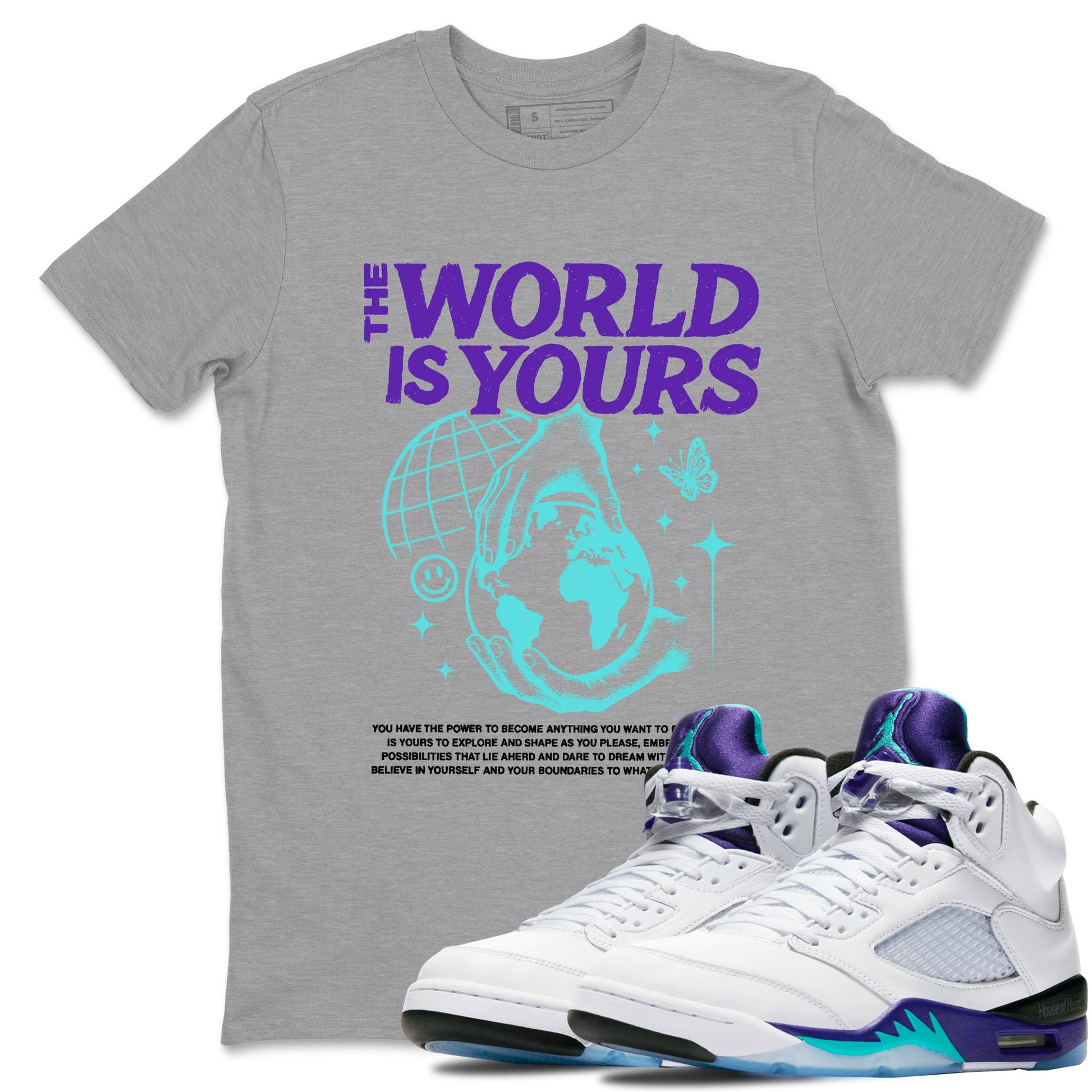The World Is Yours sneaker match t-shirt styled to complete your fit with the Air Jordan 5 Grape sneakers, shown in Heather Grey 1.