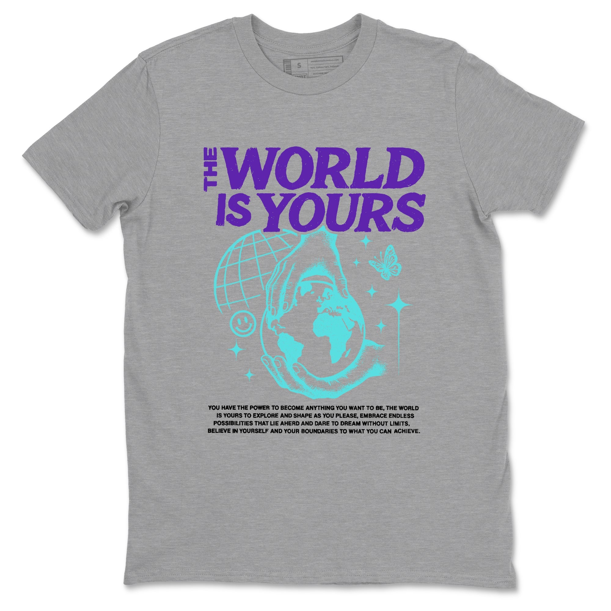 The World Is Yours sneaker match t-shirt styled to complete your fit with the Air Jordan 5 Grape sneakers, shown in Heather Grey 2.