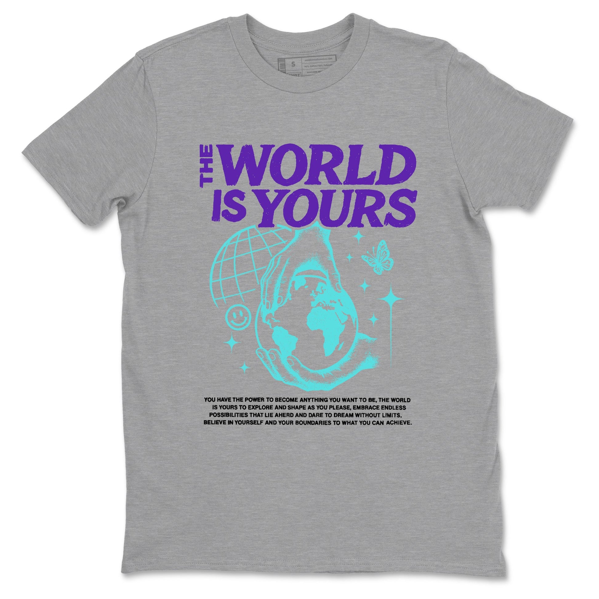The World Is Yours sneaker match t-shirt styled to complete your fit with the Air Jordan 5 Grape sneakers, shown in Heather Grey 2.