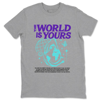 The World Is Yours sneaker match t-shirt styled to complete your fit with the Air Jordan 5 Grape sneakers, shown in Heather Grey 2.