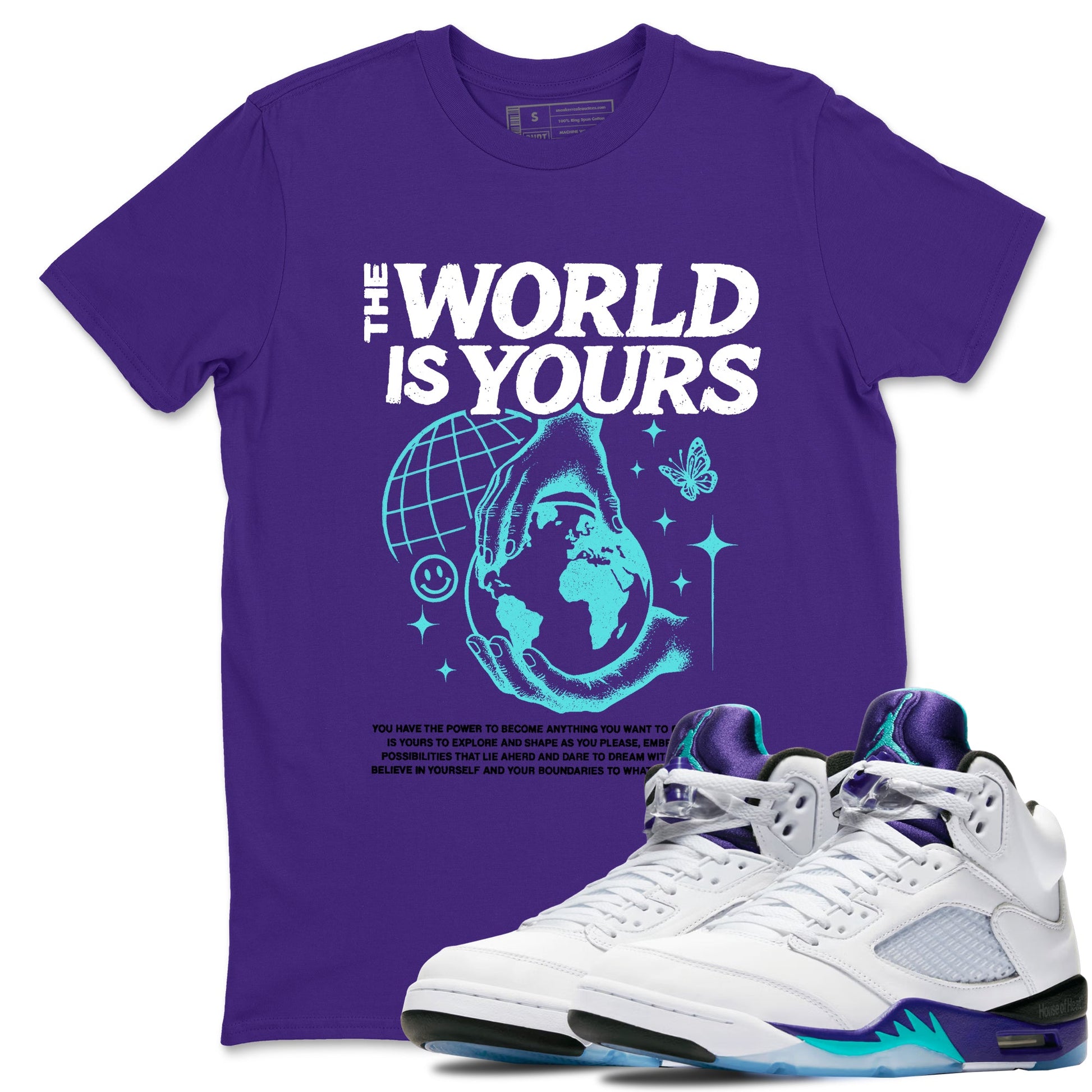 The World Is Yours sneaker match t-shirt styled to complete your fit with the Air Jordan 5 Grape sneakers, shown in Purple 1.