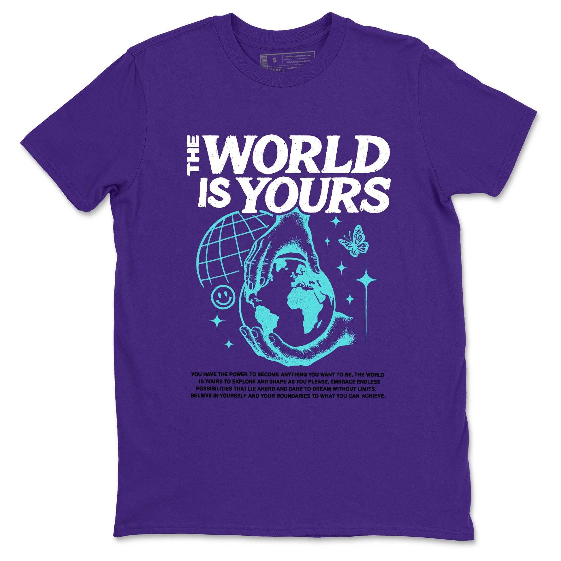 The World Is Yours sneaker match t-shirt styled to complete your fit with the Air Jordan 5 Grape sneakers, shown in Purple 2.