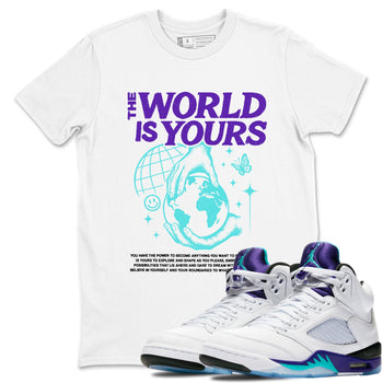 The World Is Yours sneaker match t-shirt styled to complete your fit with the Air Jordan 5 Grape sneakers, shown in White 1.