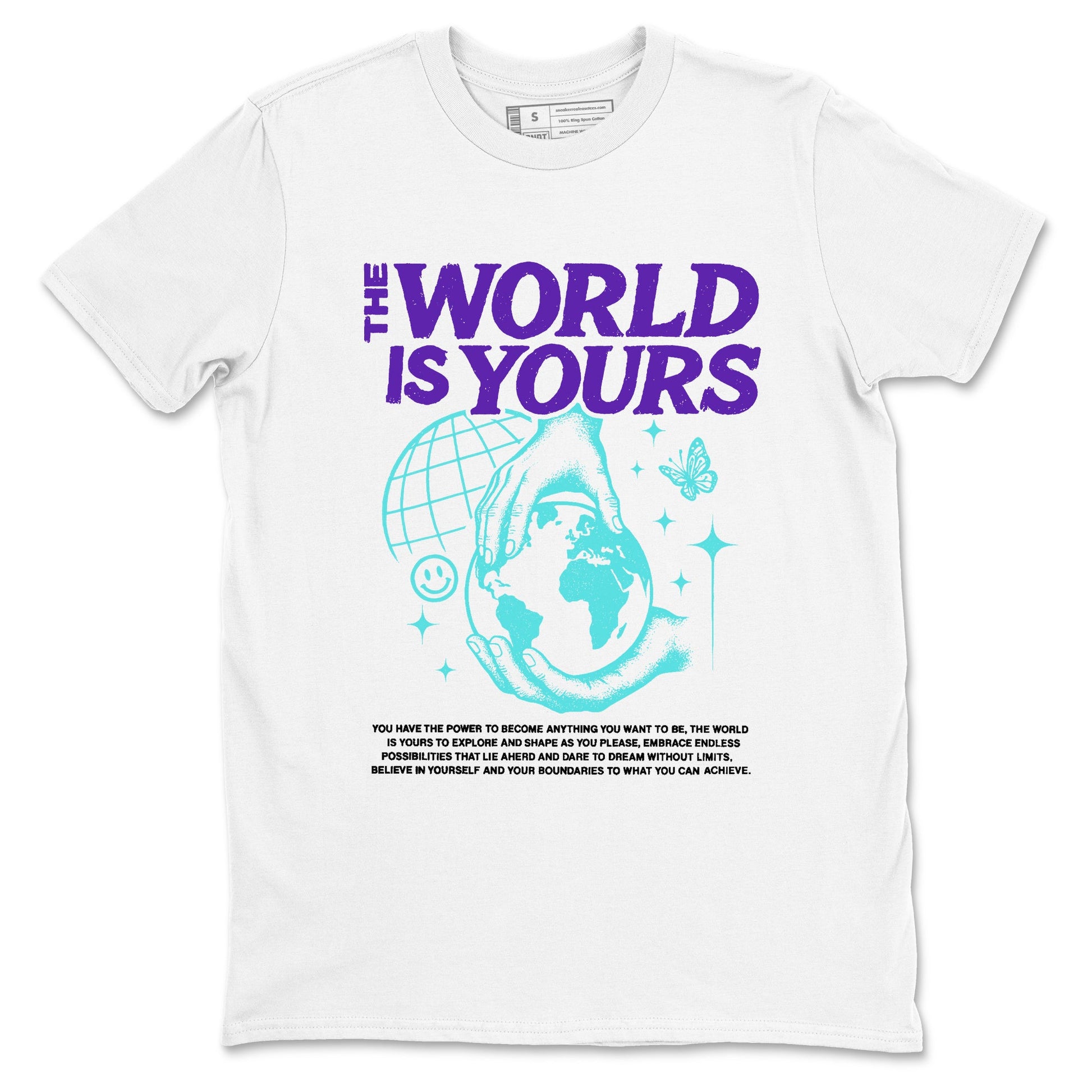 The World Is Yours sneaker match t-shirt styled to complete your fit with the Air Jordan 5 Grape sneakers, shown in White 2.