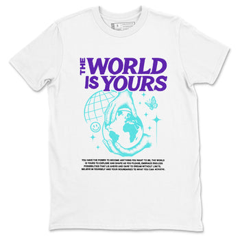 The World Is Yours sneaker match t-shirt styled to complete your fit with the Air Jordan 5 Grape sneakers, shown in White 2.