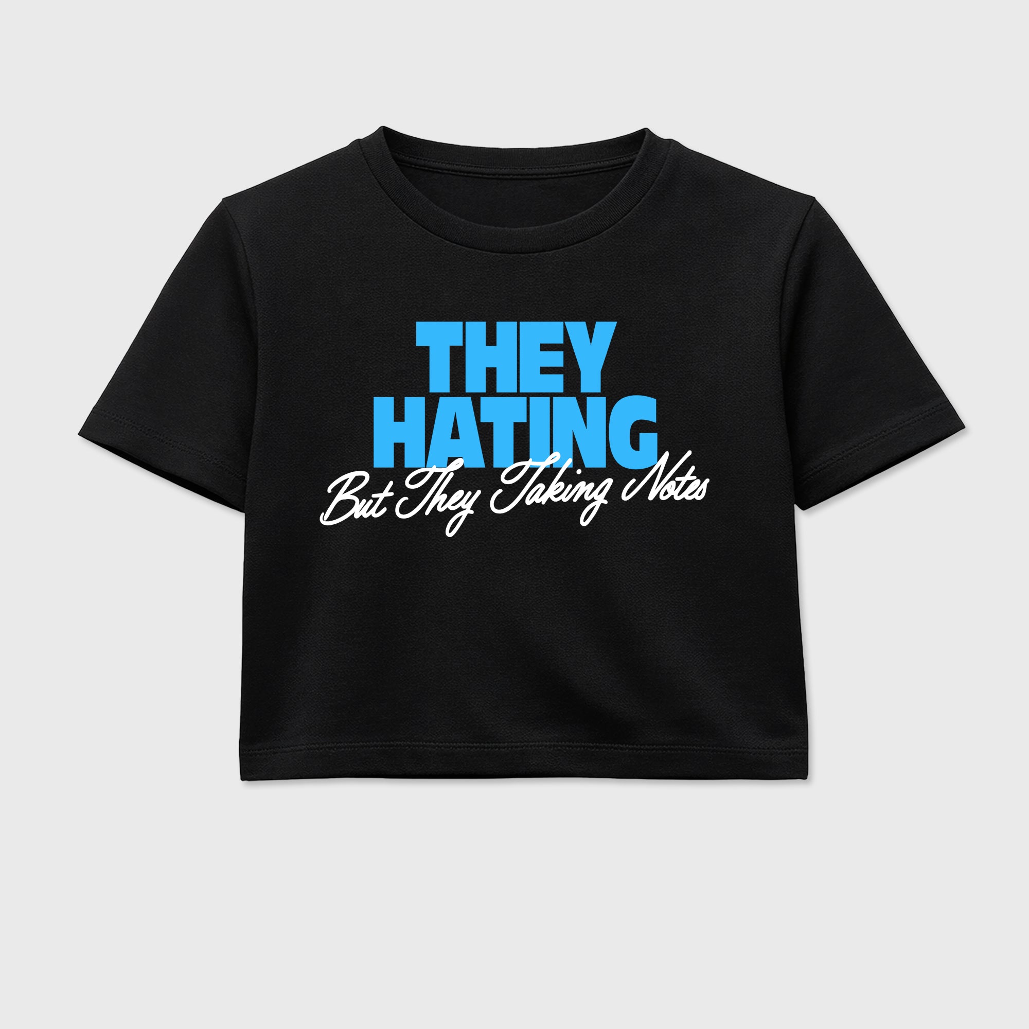 Best Sneakerfit for Sneakerheads Graphic Tees To Match Air Foamposite One University Blue Sneakers – They Hating But Taking Notes Crop T-Shirt Black 2