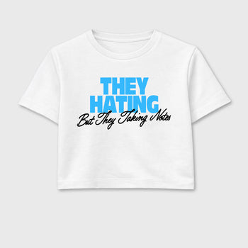 Best Sneakerfit for Sneakerheads Graphic Tees To Match Air Foamposite One University Blue Sneakers – They Hating But Taking Notes Crop T-Shirt White 2