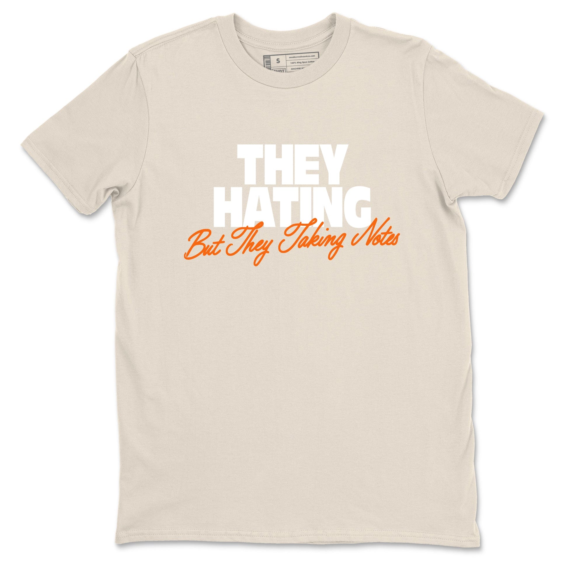They Hating But Taking Notes sneaker match t-shirt styled to complete your fit with the Air Jordan 3 Starfish sneakers, shown in Natural 2.