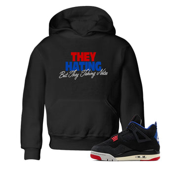They Hating But Taking Notes baby and kids t-shirt crafted for little sneakerheads to shine with the Air Jordan 4 Rare Air sneakers, displayed in Black 1.
