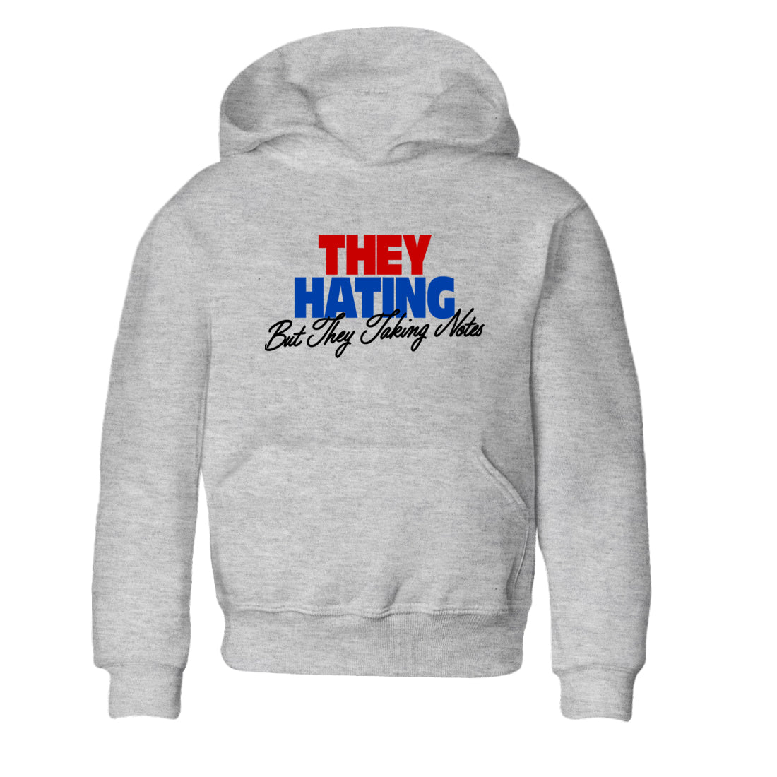 They Hating But Taking Notes baby and kids t-shirt crafted for little sneakerheads to shine with the Air Jordan 4 Rare Air sneakers, displayed in Heather Grey 2.