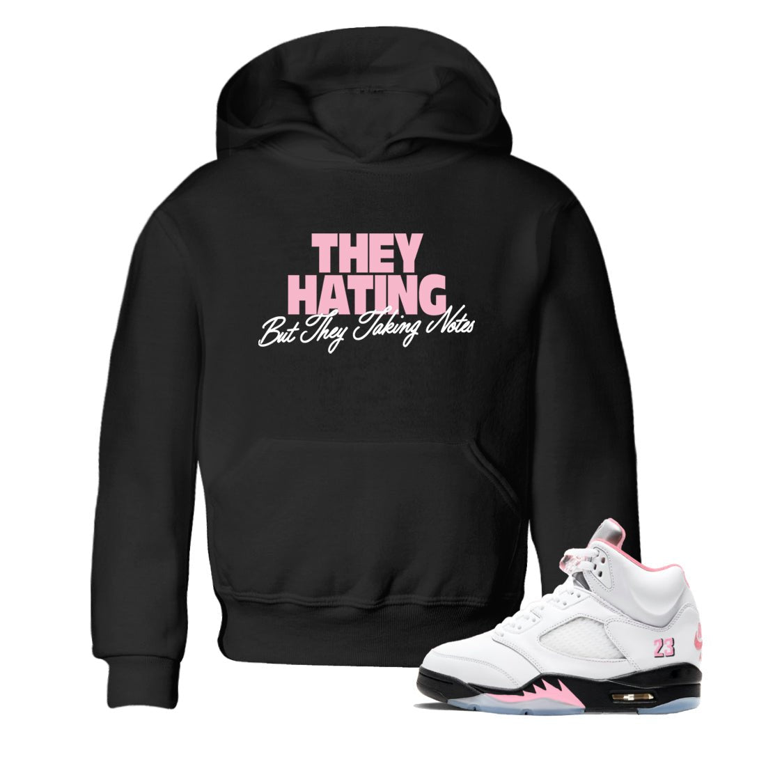 They Hating But Taking Notes baby and kids t-shirt crafted for little sneakerheads to shine with the Air Jordan 5 35th Anniversary sneakers, displayed in Black 1.
