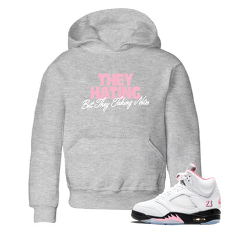 They Hating But Taking Notes baby and kids t-shirt crafted for little sneakerheads to shine with the Air Jordan 5 35th Anniversary sneakers, displayed in Heather Grey 1.