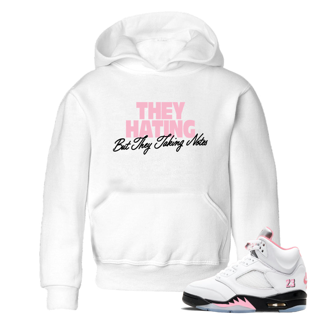 They Hating But Taking Notes baby and kids t-shirt crafted for little sneakerheads to shine with the Air Jordan 5 35th Anniversary sneakers, displayed in White 1.