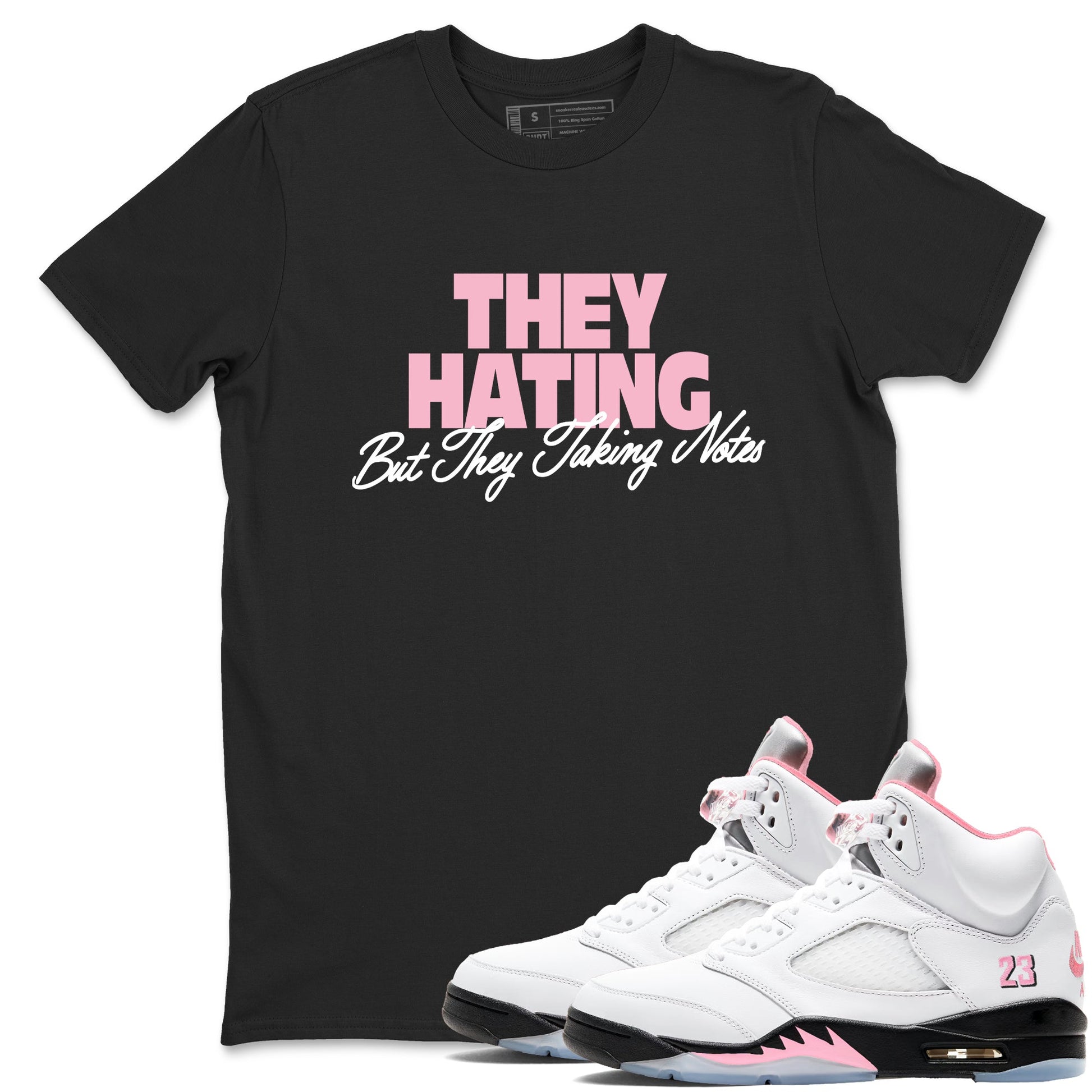 They Hating But Taking Notes sneaker match t-shirt styled to complete your fit with the Air Jordan 5 35th Anniversary sneakers, shown in Black 1.