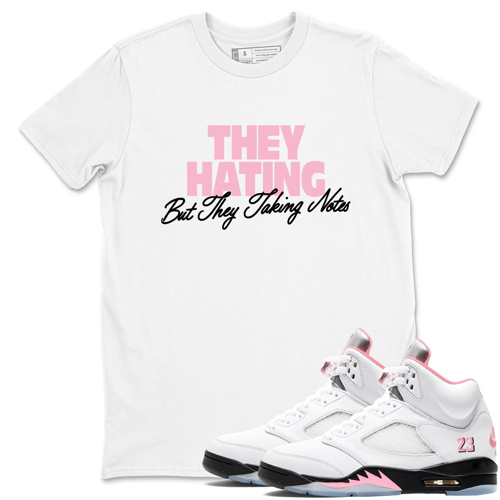 They Hating But Taking Notes sneaker match t-shirt styled to complete your fit with the Air Jordan 5 35th Anniversary sneakers, shown in White 1.