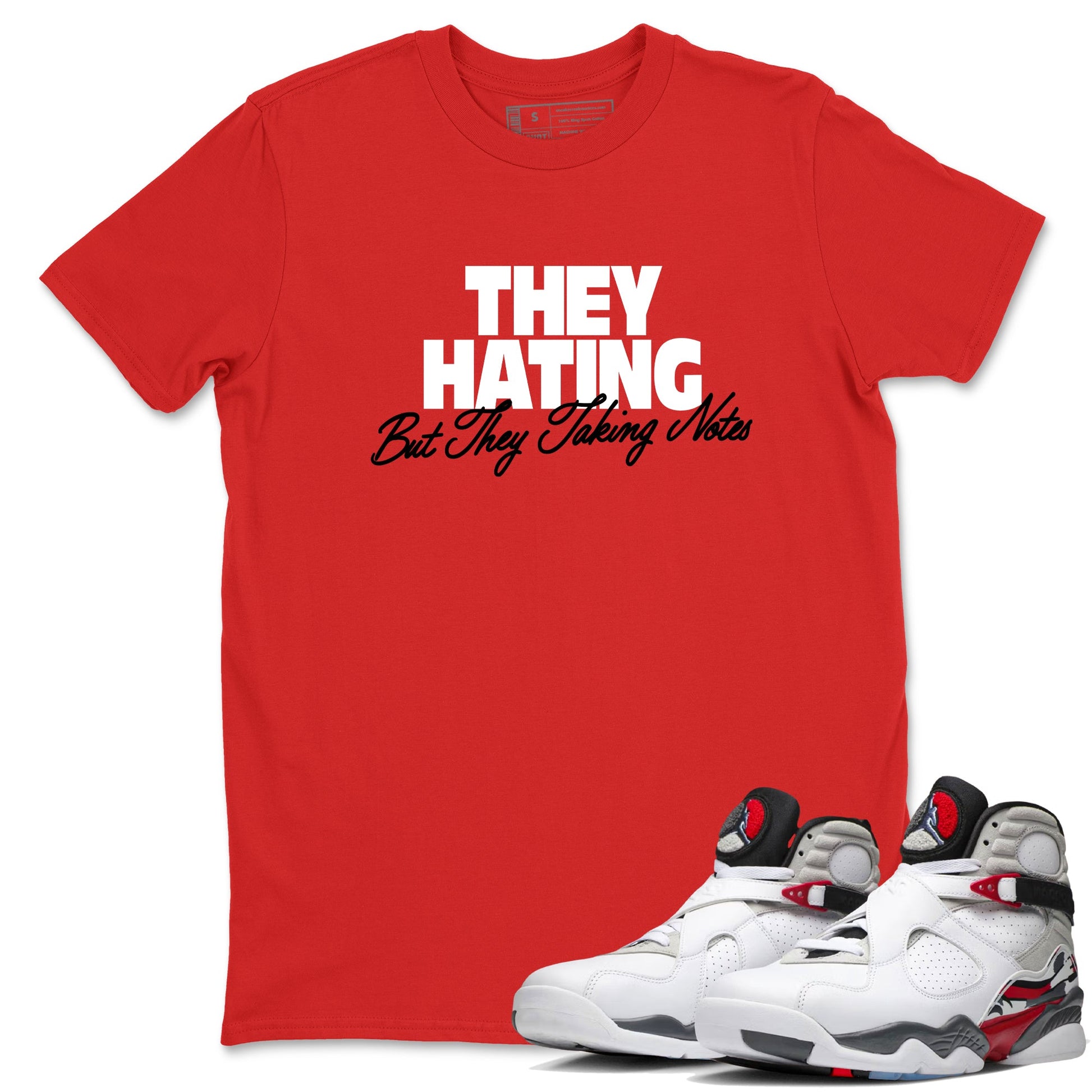 Sneaker Threads – Sneaker Tees To Match Air Jordan 8 Bunny – They Hating But Taking Notes Graphic Tee Red 1. Perfect for Jordan releases 2025 colorways.