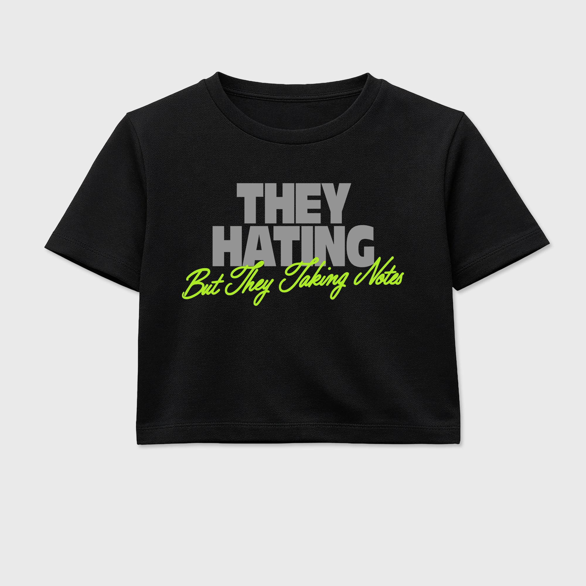 Sneakerfit graphic tee destination – Sneaker Tees To Match Air Max 90 Neon Yellow Sneakers – They Hating But Taking Notes Crop T-Shirt Black 2