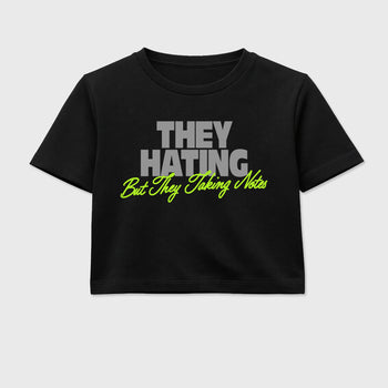 Sneakerfit graphic tee destination – Sneaker Tees To Match Air Max 90 Neon Yellow Sneakers – They Hating But Taking Notes Crop T-Shirt Black 2