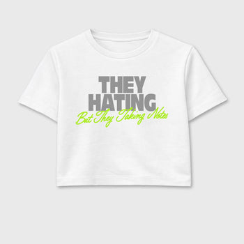 Sneakerfit graphic tee destination – Sneaker Tees To Match Air Max 90 Neon Yellow Sneakers – They Hating But Taking Notes Crop T-Shirt White 2