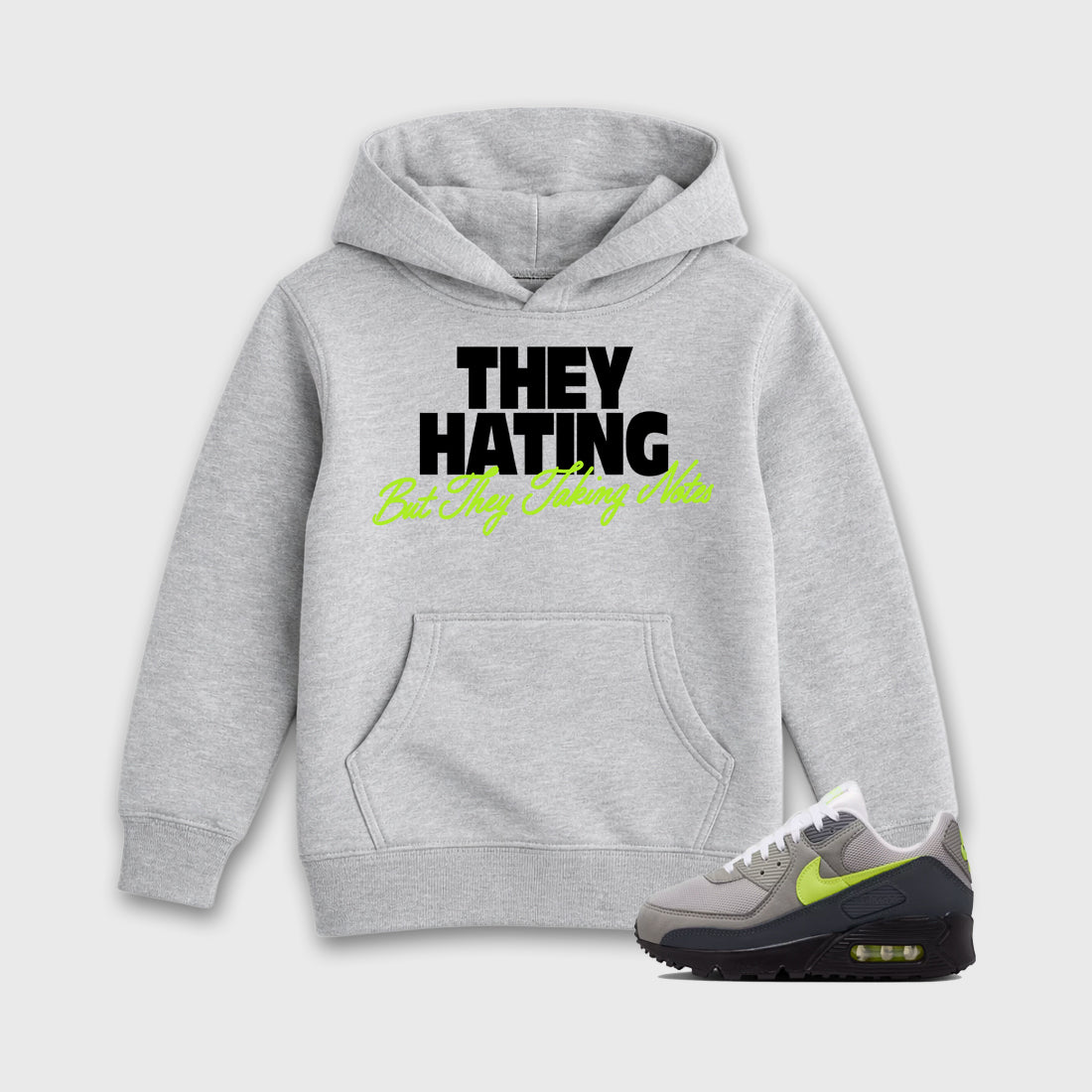 Sneakerfit graphic tee destination – Sneaker Tees To Match Air Max 90 Neon Yellow Sneakers – They Hating But Taking Notes Kids T-Shirt Heather Grey 1
