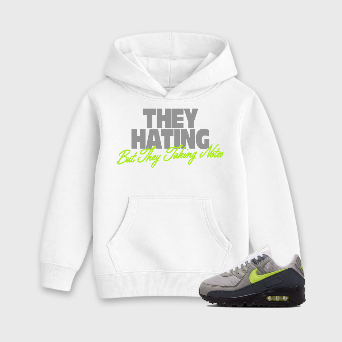 Sneakerfit graphic tee destination – Sneaker Tees To Match Air Max 90 Neon Yellow Sneakers – They Hating But Taking Notes Kids T-Shirt White 1