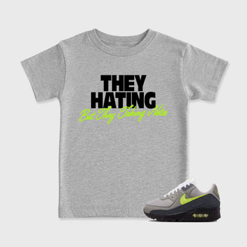Sneakerfit graphic tee destination – Sneaker Tees To Match Air Max 90 Neon Yellow Sneakers – They Hating But Taking Notes Kids T-Shirt Heather Grey 1