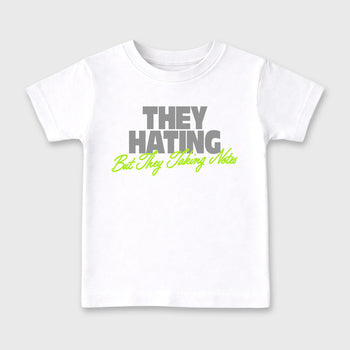 Sneakerfit graphic tee destination – Sneaker Tees To Match Air Max 90 Neon Yellow Sneakers – They Hating But Taking Notes Kids T-Shirt White 2