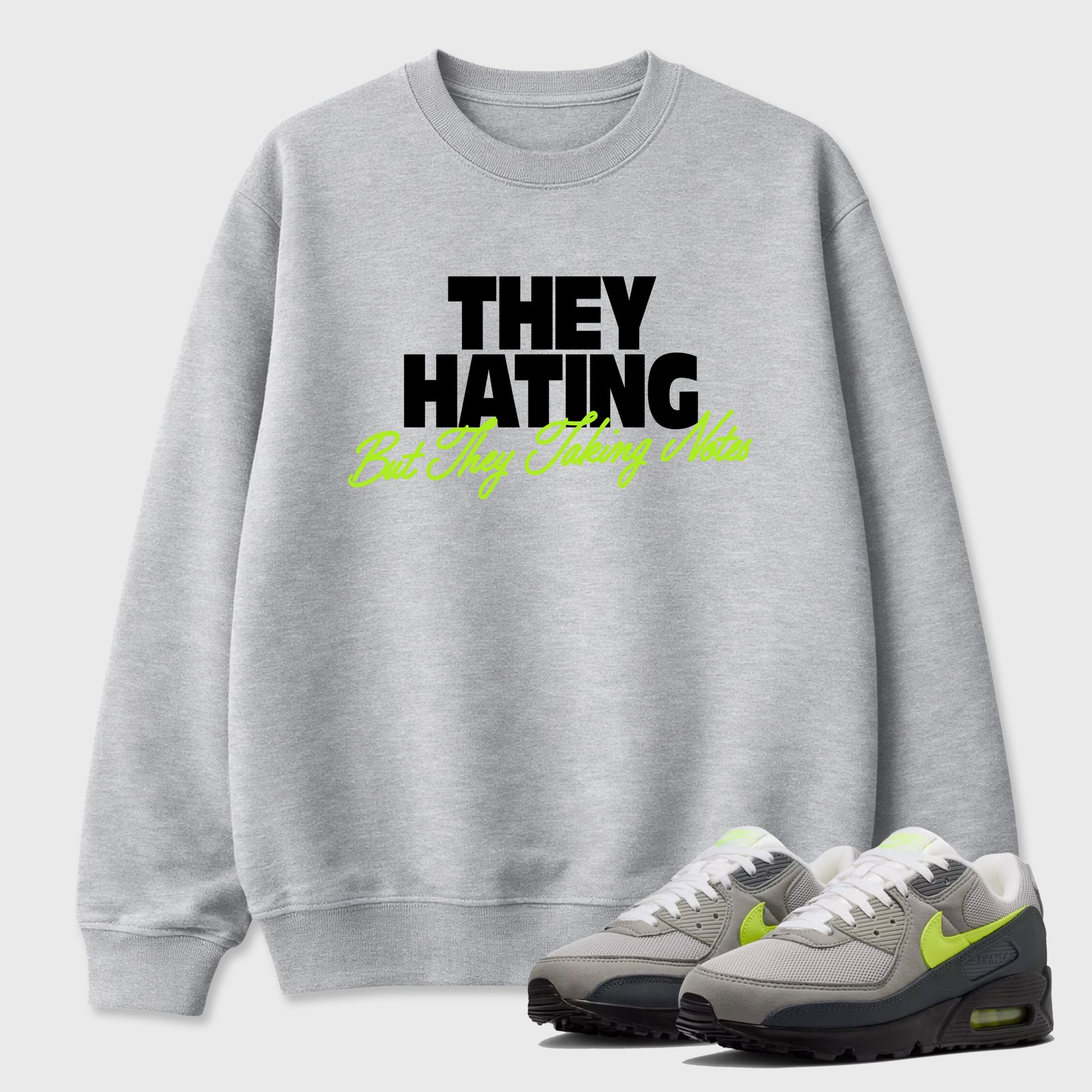 Sneakerfit graphic tee destination – Sneaker Tees To Match Air Max 90 Neon Yellow Sneakers – They Hating But Taking Notes Tee Heather Grey 1