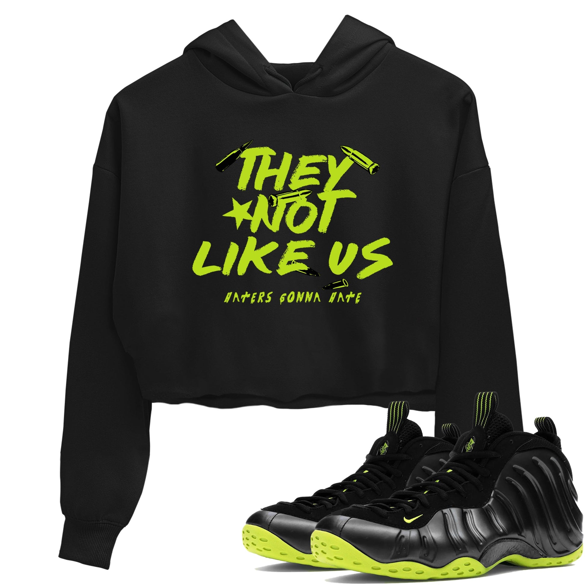 Foams One Black Volt shirts to match jordans They Not Like Us sneaker match tees Air Foamposite One Black and Volt match shoes to clothes SNRT Sneaker Tees unisex cotton Black 1 crop tee