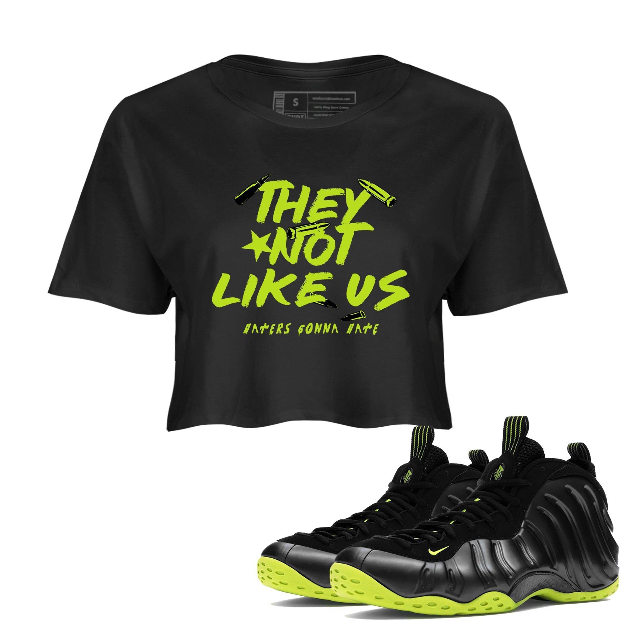 Foams One Black Volt shirts to match jordans They Not Like Us sneaker match tees Air Foamposite One Black and Volt match shoes to clothes SNRT Sneaker Tees unisex cotton Black 1 crop tee