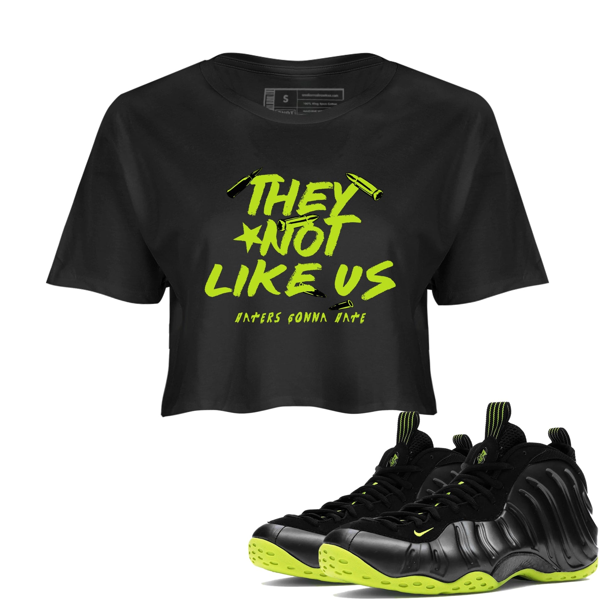 Foams One Black Volt shirts to match jordans They Not Like Us sneaker match tees Air Foamposite One Black and Volt match shoes to clothes SNRT Sneaker Tees unisex cotton Black 1 crop tee