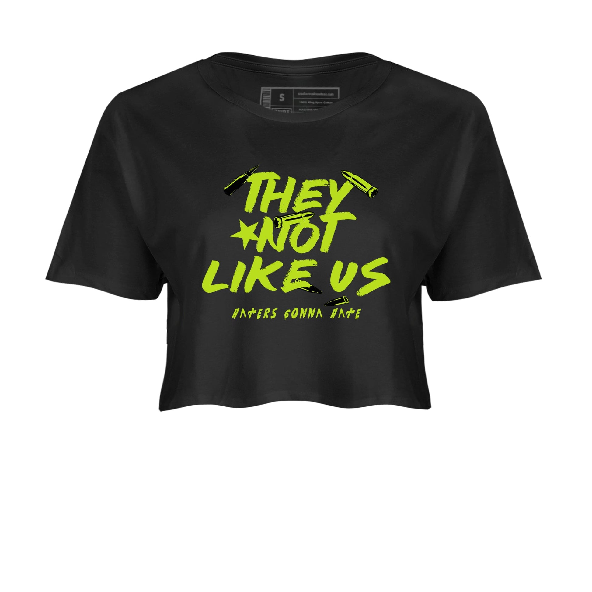 Foams One Black Volt shirts to match jordans They Not Like Us sneaker match tees Air Foamposite One Black and Volt match shoes to clothes SNRT Sneaker Tees unisex cotton Black 2 crop tee