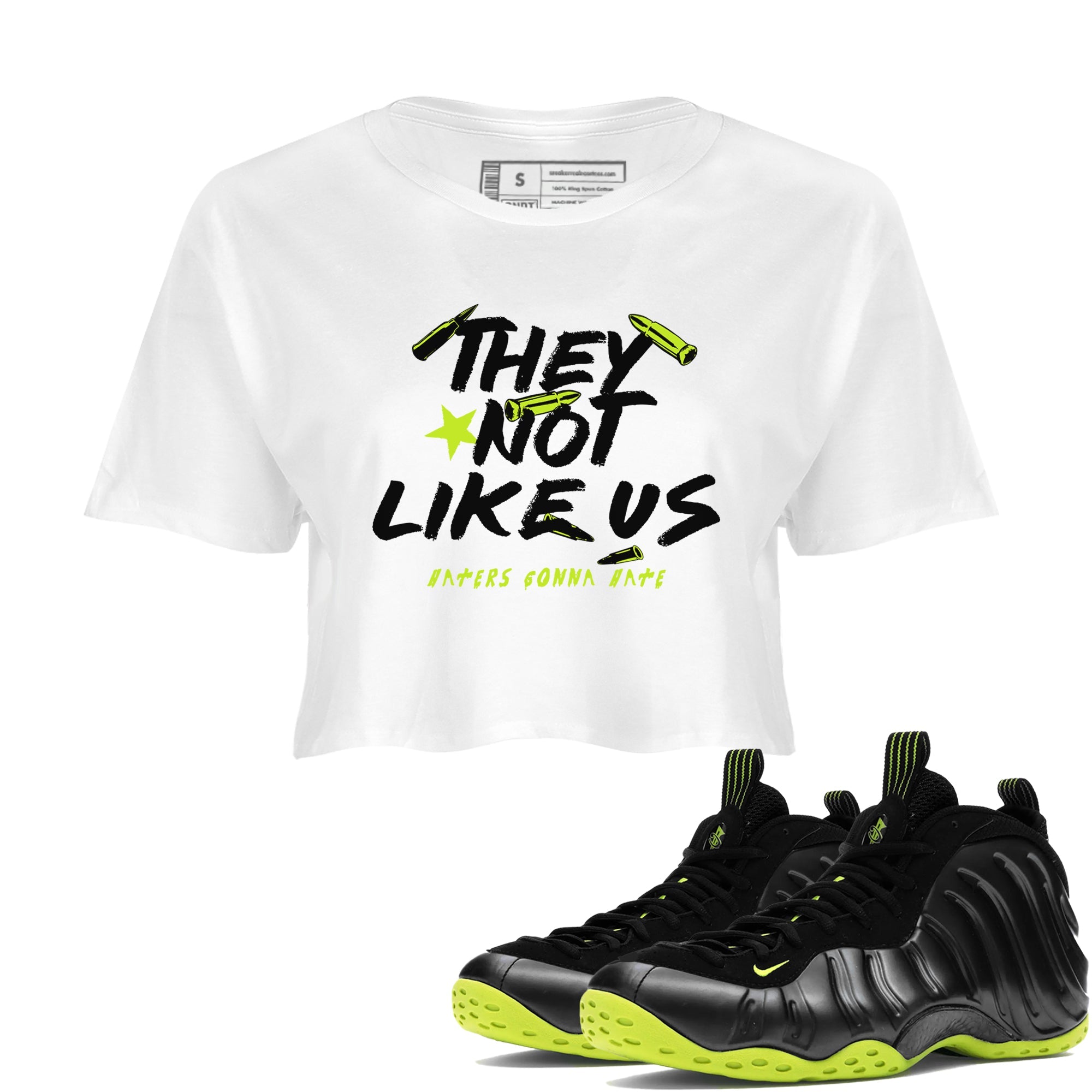 Foams One Black Volt shirts to match jordans They Not Like Us sneaker match tees Air Foamposite One Black and Volt match shoes to clothes SNRT Sneaker Tees unisex cotton White 1 crop tee