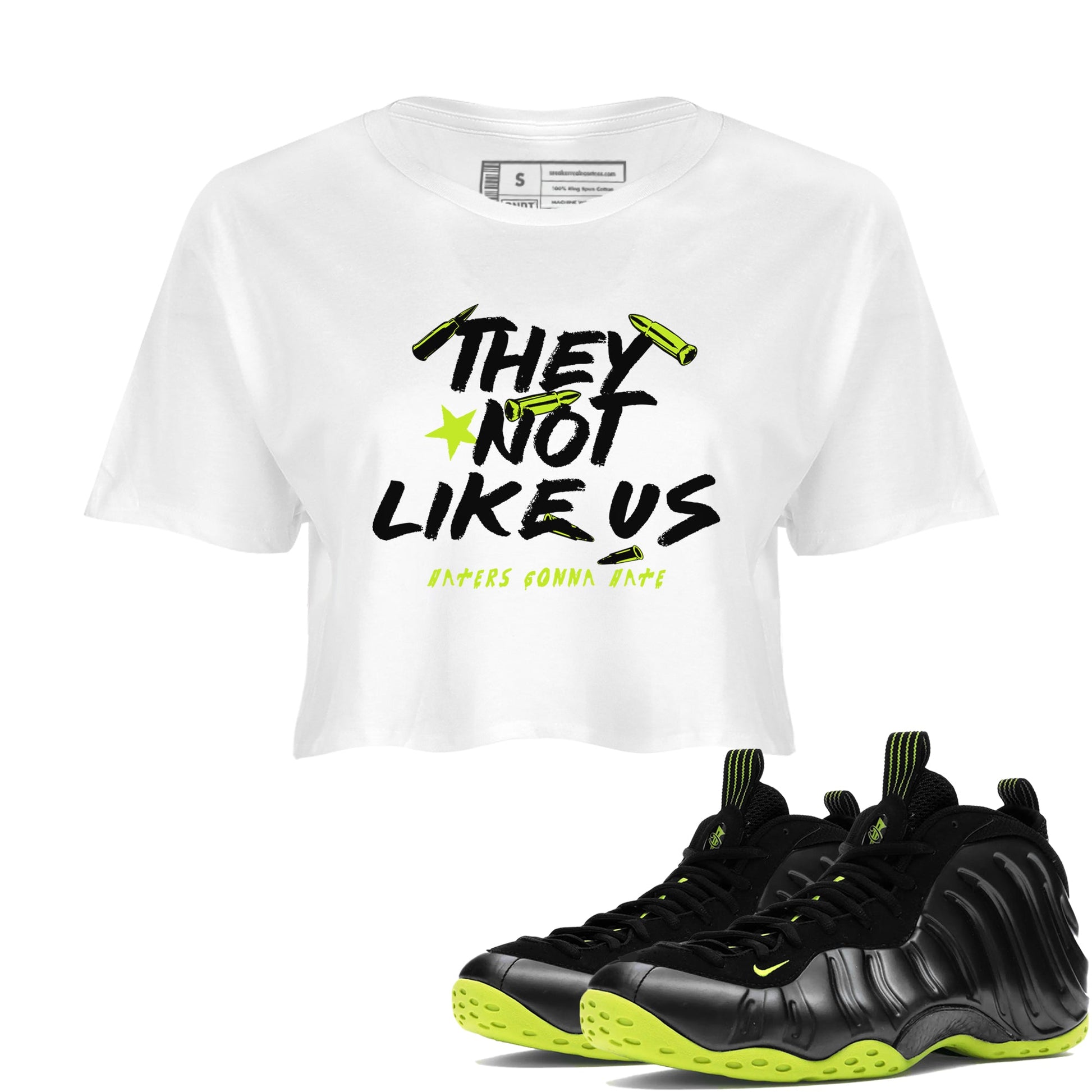 Foams One Black Volt shirts to match jordans They Not Like Us sneaker match tees Air Foamposite One Black and Volt match shoes to clothes SNRT Sneaker Tees unisex cotton White 1 crop tee