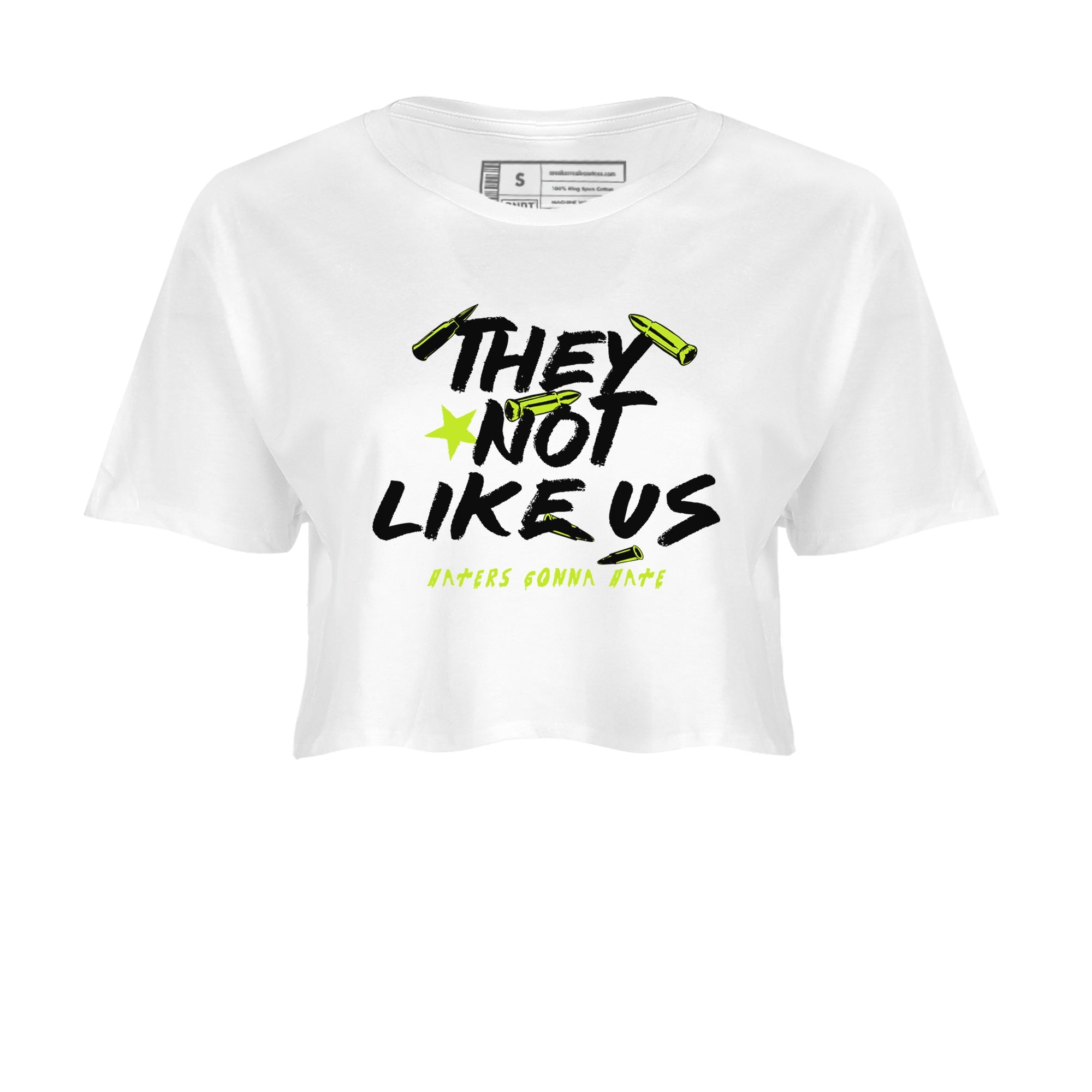 Foams One Black Volt shirts to match jordans They Not Like Us sneaker match tees Air Foamposite One Black and Volt match shoes to clothes SNRT Sneaker Tees unisex cotton White 2 crop tee