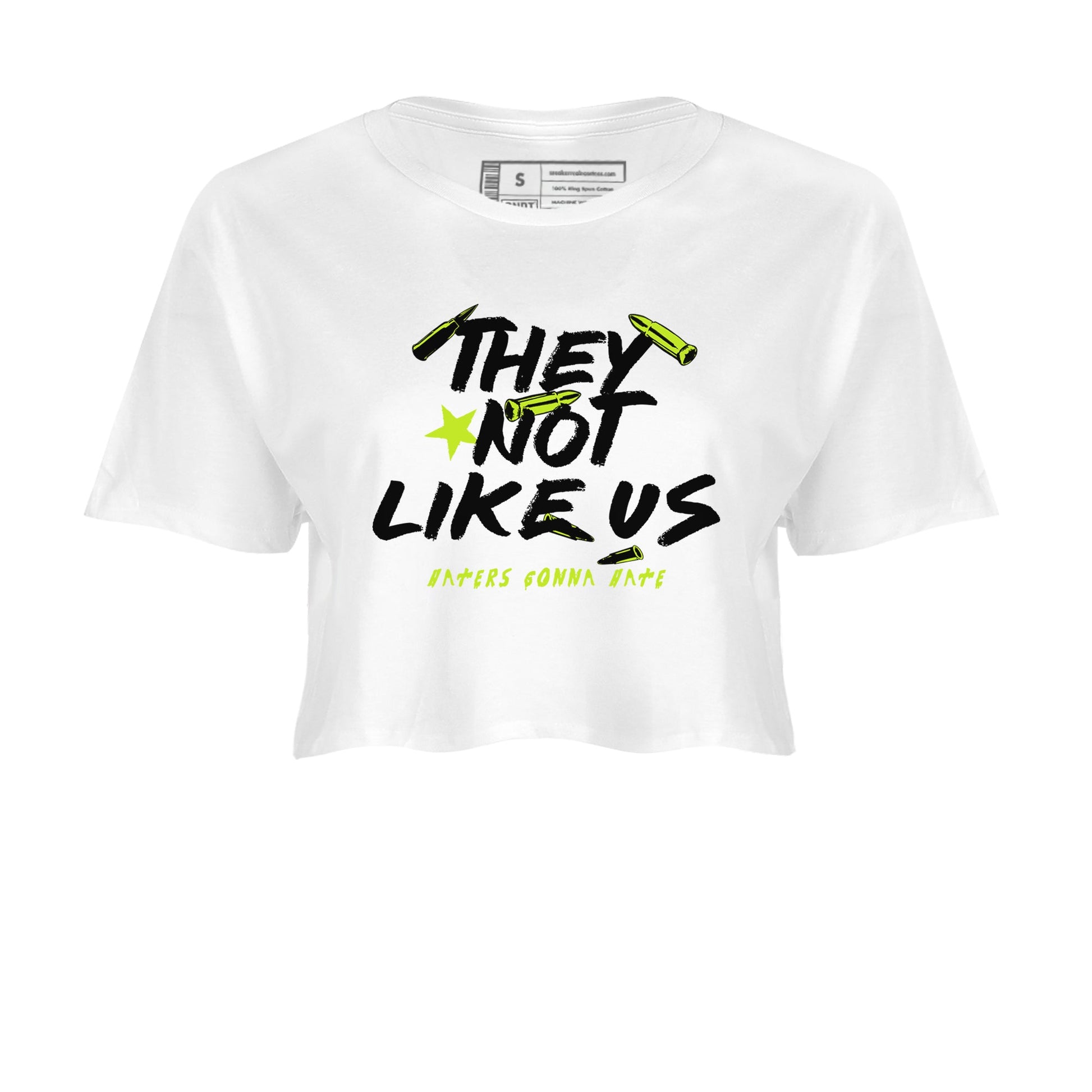 Foams One Black Volt shirts to match jordans They Not Like Us sneaker match tees Air Foamposite One Black and Volt match shoes to clothes SNRT Sneaker Tees unisex cotton White 2 crop tee