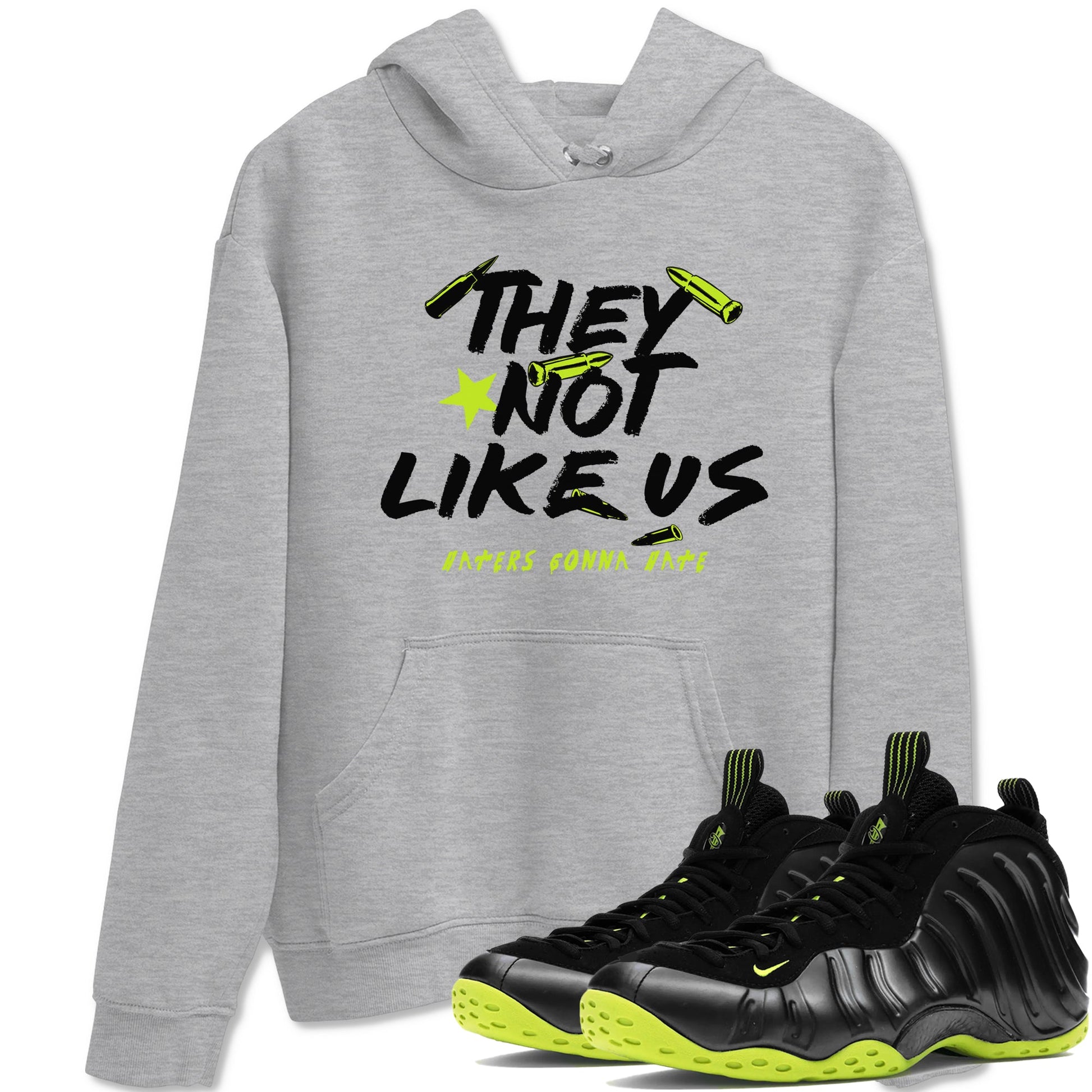 Foams One Black Volt shirts to match jordans They Not Like Us sneaker match tees Air Foamposite One Black and Volt match shoes to clothes SNRT Sneaker Tees unisex cotton Heather Grey 1 shirts